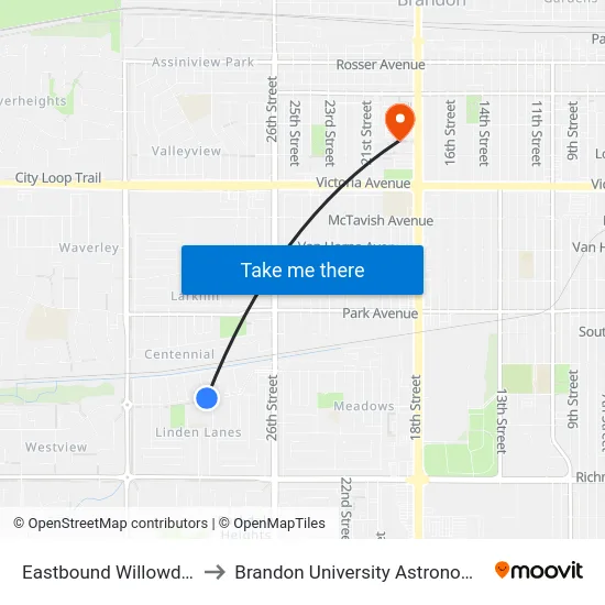 Eastbound Willowdale at Beech to Brandon University Astronomical Observatory map
