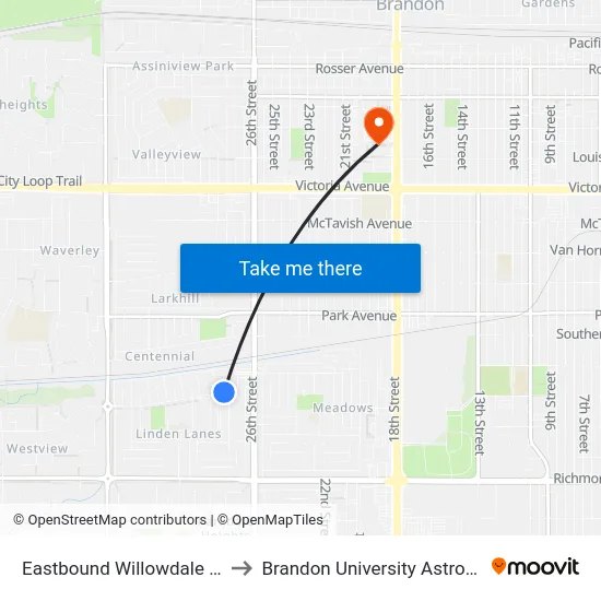 Eastbound Willowdale at Silver Birch East to Brandon University Astronomical Observatory map