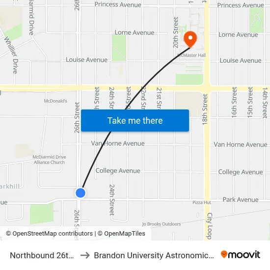 Northbound 26th at Park to Brandon University Astronomical Observatory map