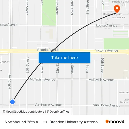 Northbound 26th at Van Horne to Brandon University Astronomical Observatory map