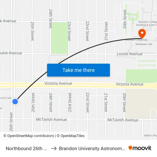 Northbound 26th at Mctavish to Brandon University Astronomical Observatory map