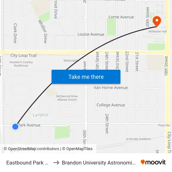 Eastbound Park at Christie to Brandon University Astronomical Observatory map