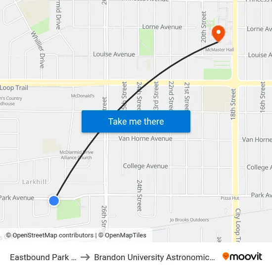 Eastbound Park at Grant to Brandon University Astronomical Observatory map