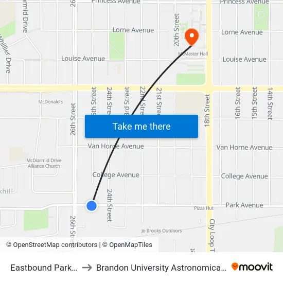 Eastbound Park at 25th to Brandon University Astronomical Observatory map