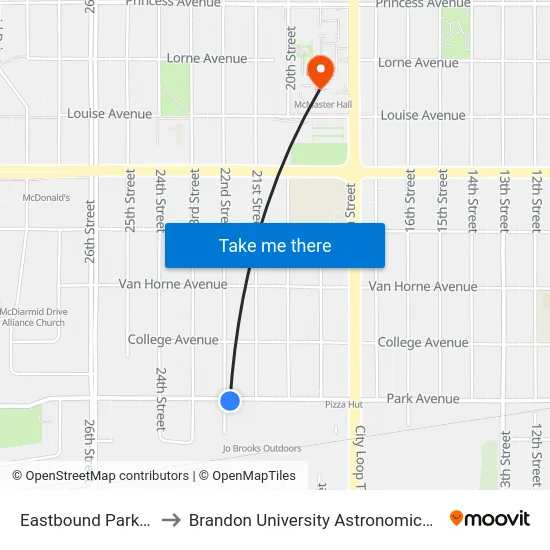 Eastbound Park at 22nd to Brandon University Astronomical Observatory map