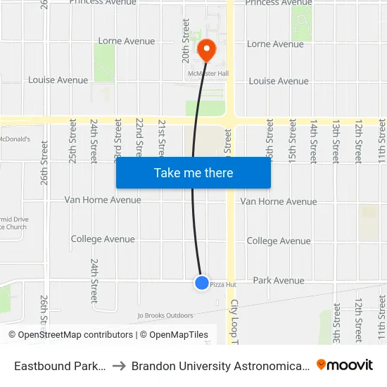 Eastbound Park at 19th to Brandon University Astronomical Observatory map