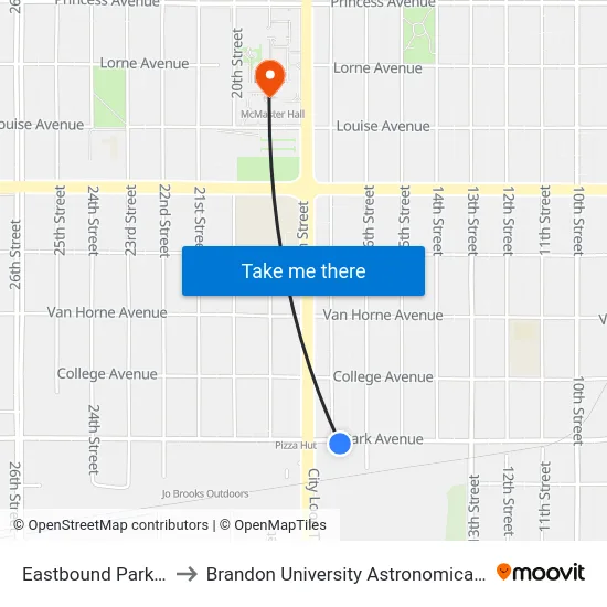 Eastbound Park at 17th to Brandon University Astronomical Observatory map