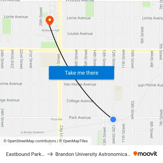 Eastbound Park at 12th to Brandon University Astronomical Observatory map