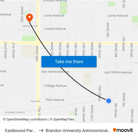Eastbound Park at 9th to Brandon University Astronomical Observatory map