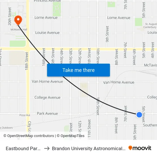 Eastbound Park at 5th to Brandon University Astronomical Observatory map