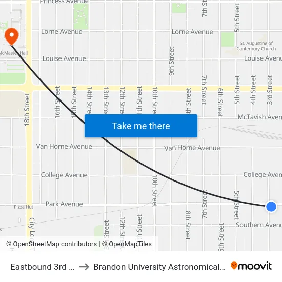 Eastbound 3rd at Park to Brandon University Astronomical Observatory map