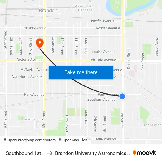 Southbound 1st at Park to Brandon University Astronomical Observatory map