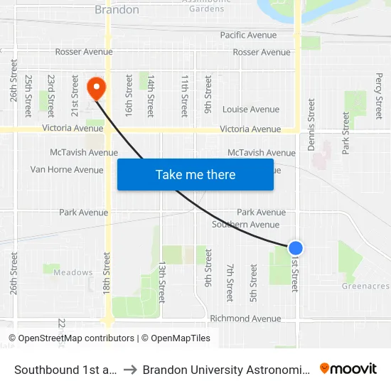 Southbound 1st at Brandon to Brandon University Astronomical Observatory map