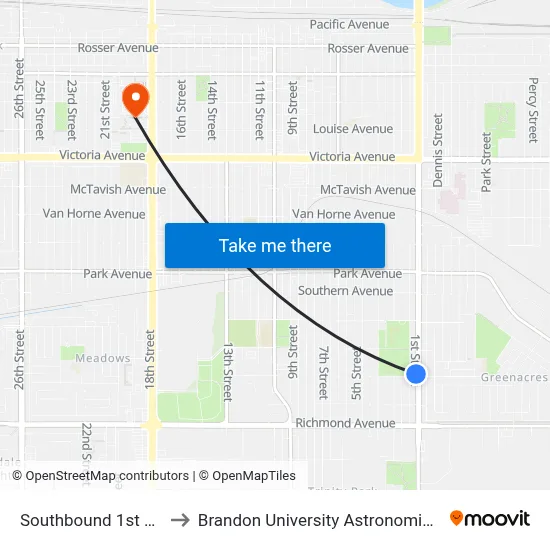 Southbound 1st at Queens to Brandon University Astronomical Observatory map