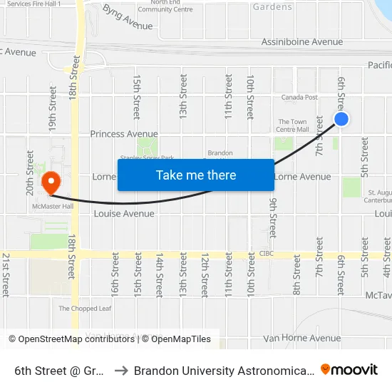 6th Street @ Greyhound to Brandon University Astronomical Observatory map