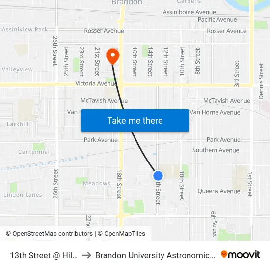 13th Street @ Hill Avenue to Brandon University Astronomical Observatory map