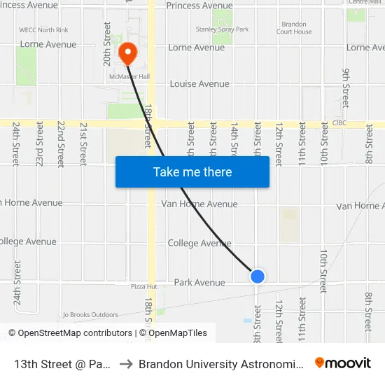 13th Street @ Park Avenue to Brandon University Astronomical Observatory map