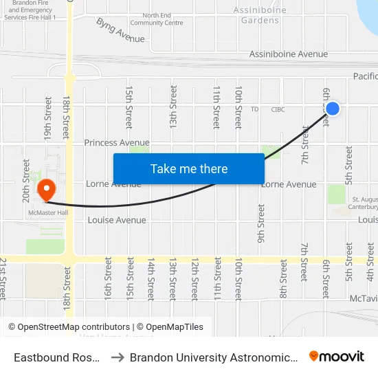 Eastbound Rosser &  6th to Brandon University Astronomical Observatory map
