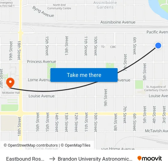 Eastbound Rosser & 3rd to Brandon University Astronomical Observatory map
