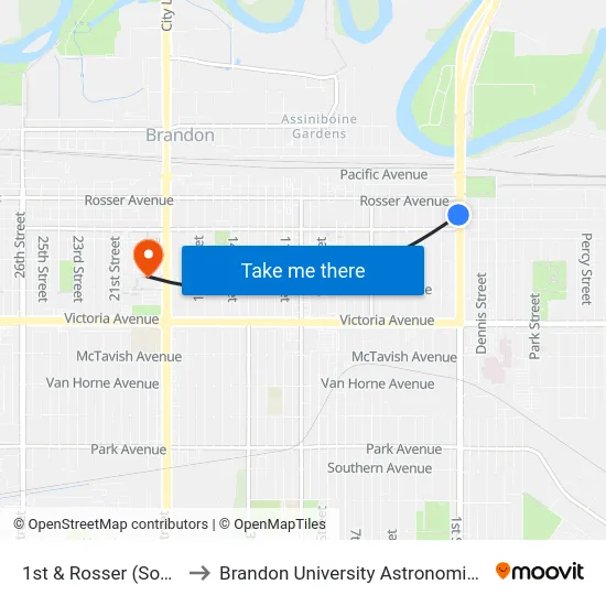 1st & Rosser (Southbound) to Brandon University Astronomical Observatory map