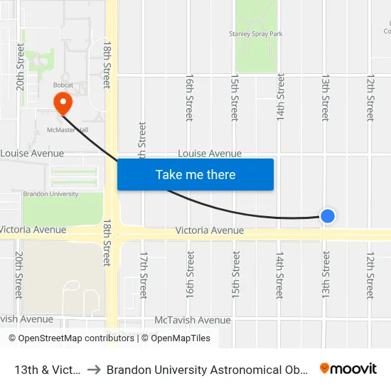 13th & Victoria to Brandon University Astronomical Observatory map