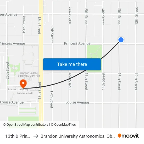 13th & Princess to Brandon University Astronomical Observatory map