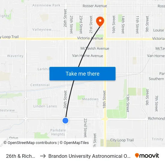 26th & Richmond to Brandon University Astronomical Observatory map