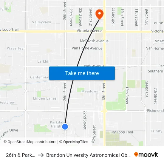 26th & Parkdale to Brandon University Astronomical Observatory map