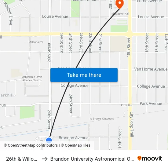26th & Willowdale to Brandon University Astronomical Observatory map