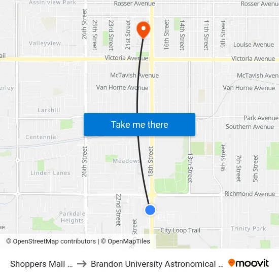 Shoppers Mall & 18th to Brandon University Astronomical Observatory map
