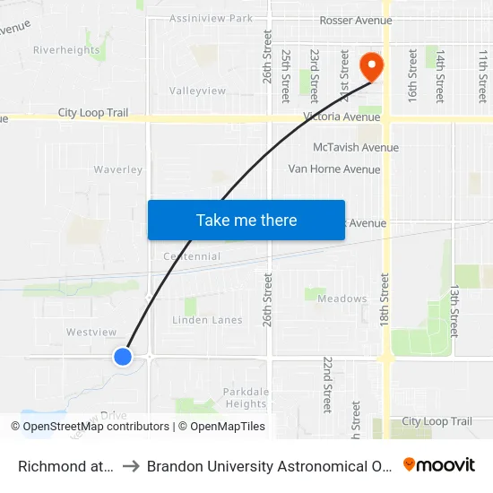 Richmond at 34th to Brandon University Astronomical Observatory map