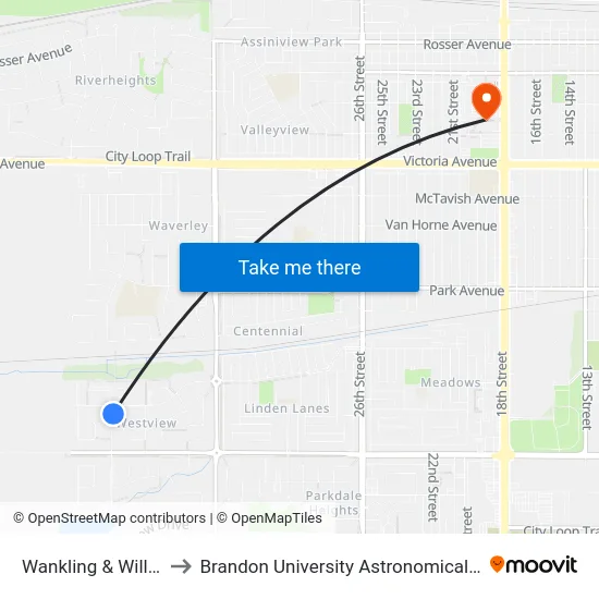 Wankling & Willowdale to Brandon University Astronomical Observatory map