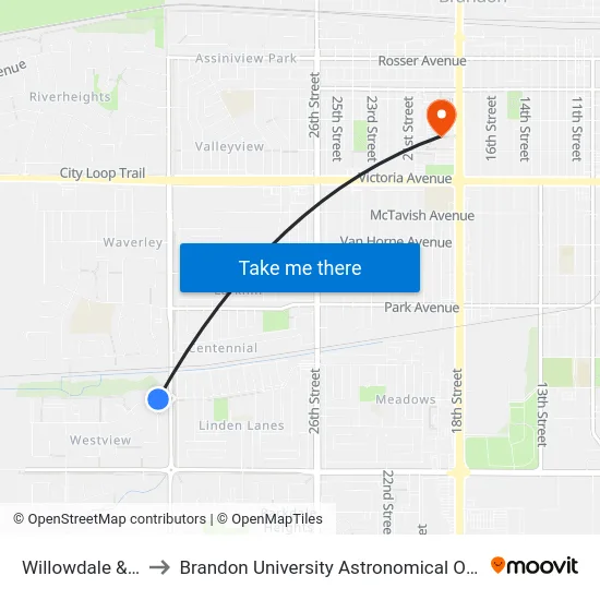 Willowdale & 34th to Brandon University Astronomical Observatory map