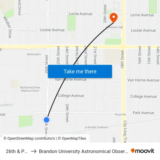 26th & Park to Brandon University Astronomical Observatory map