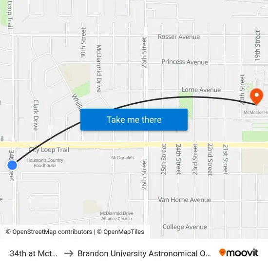 34th at Mctavish to Brandon University Astronomical Observatory map