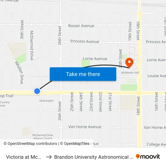 Victoria at Mcdiarmid to Brandon University Astronomical Observatory map