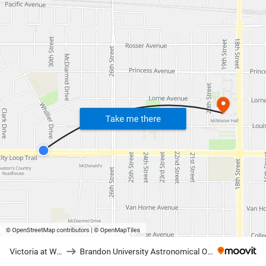 Victoria at Whillier to Brandon University Astronomical Observatory map