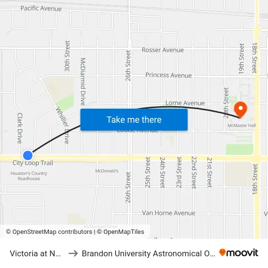Victoria at Noonan to Brandon University Astronomical Observatory map
