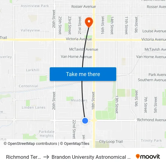 Richmond Terminal to Brandon University Astronomical Observatory map