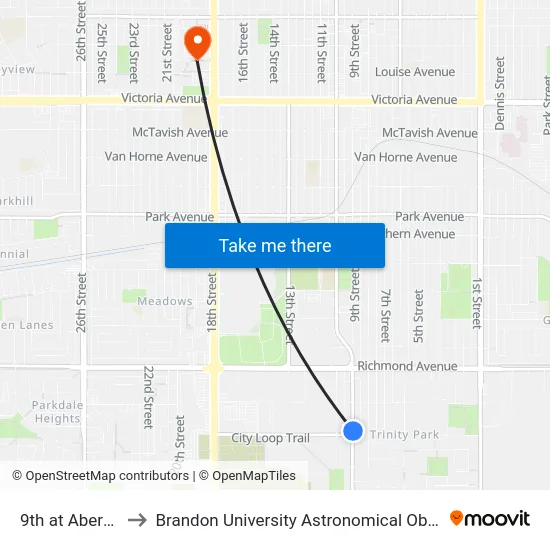 9th at Aberdeen to Brandon University Astronomical Observatory map