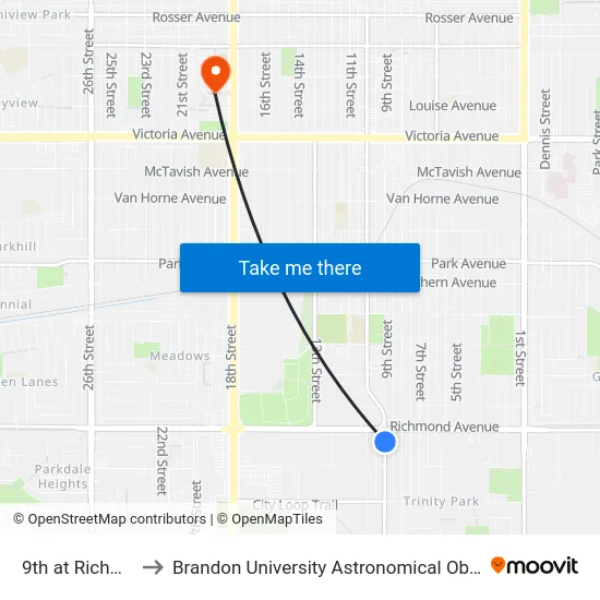 9th at Richmond to Brandon University Astronomical Observatory map