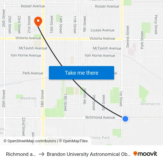 Richmond at 1st to Brandon University Astronomical Observatory map
