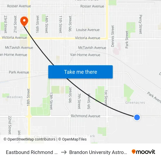 Eastbound Richmond East at Elderwood to Brandon University Astronomical Observatory map