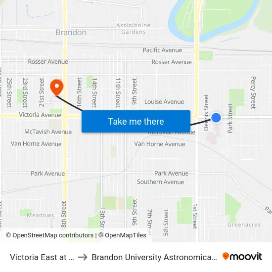 Victoria East at Russell to Brandon University Astronomical Observatory map