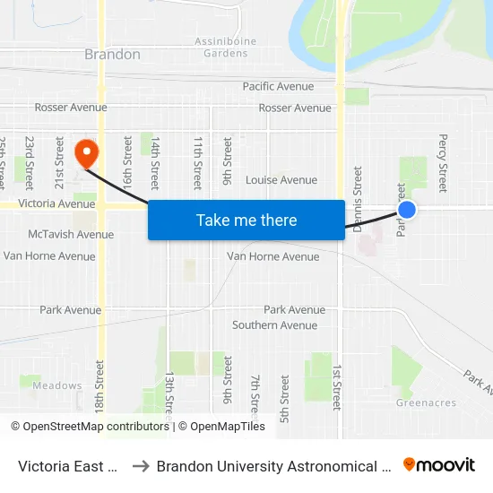 Victoria East at Park to Brandon University Astronomical Observatory map