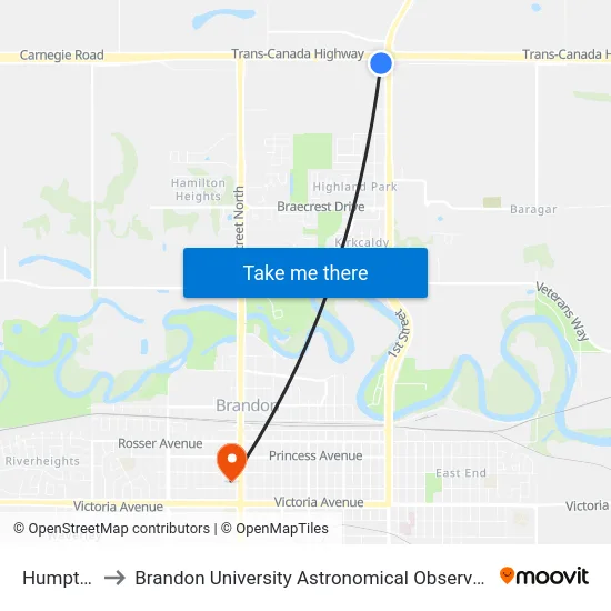 Humpty's to Brandon University Astronomical Observatory map