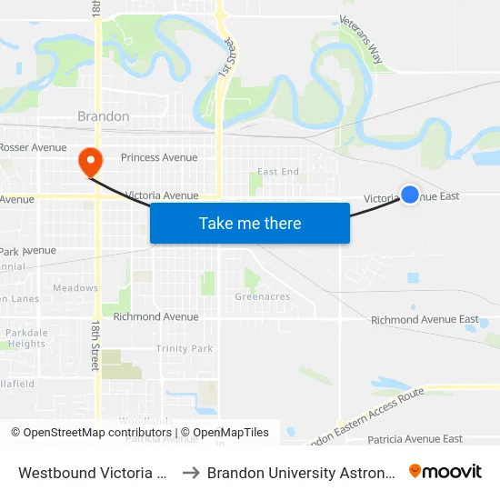 Westbound Victoria East at Hastings to Brandon University Astronomical Observatory map