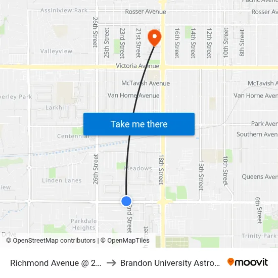 Richmond Avenue @ 22nd Street (North) to Brandon University Astronomical Observatory map