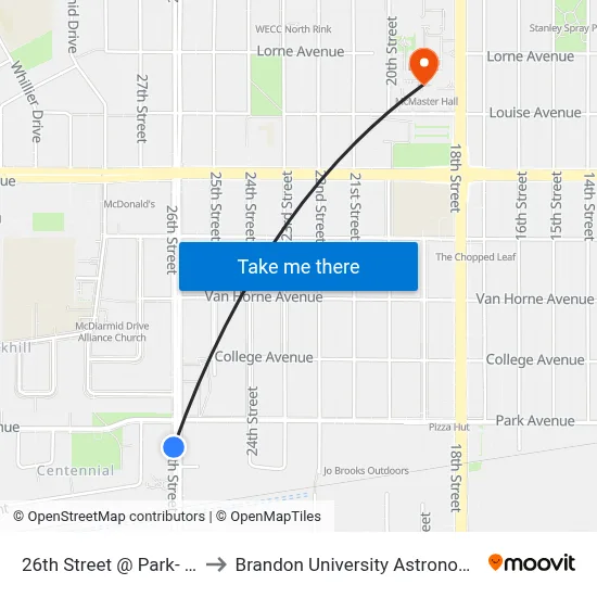 26th Street @ Park- Hillcrest Pch to Brandon University Astronomical Observatory map