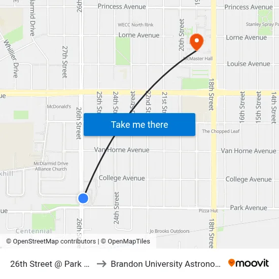 26th Street @ Park Avenue (East) to Brandon University Astronomical Observatory map